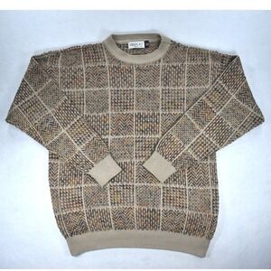 Bellagio Mens XL Vintage Cotton Knit Sweater Beige Multi Color Geometric Pattern